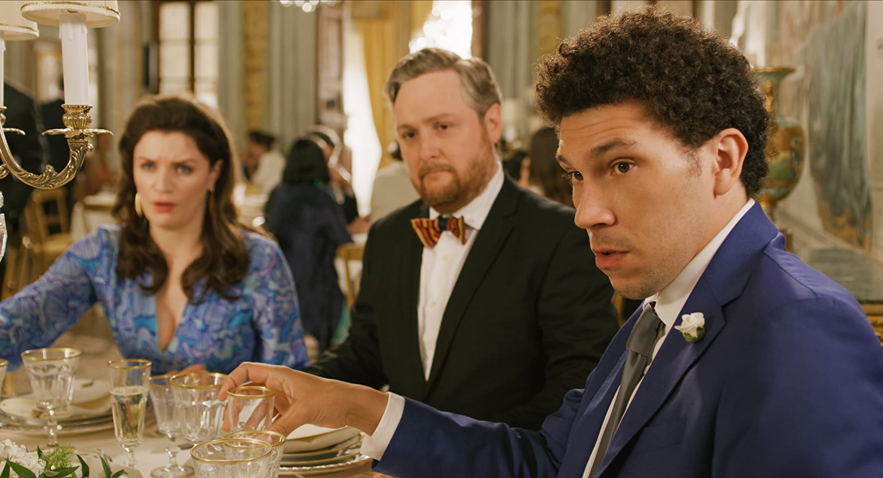 Aisling Bea, Tim Key and Joel Fry in Netflix's romantic comedy Love Wedding Repeat (2020)